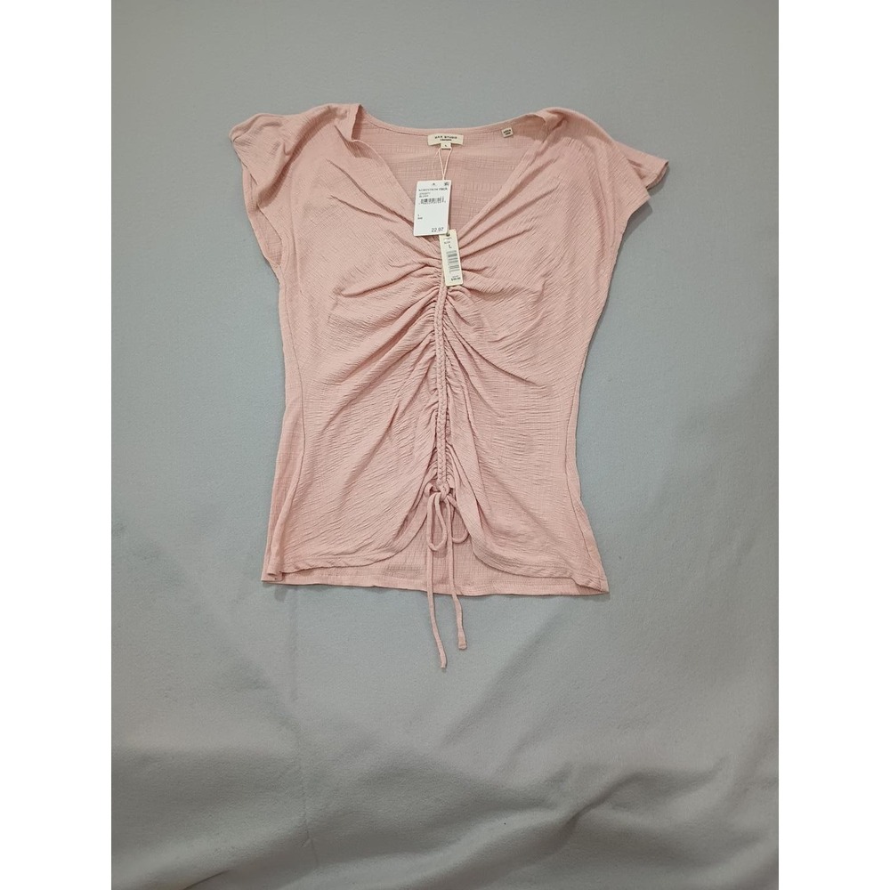 Max Studio London Women Ruched Drawstring Blouse Blush Pink V-Neck Top L 2703S71